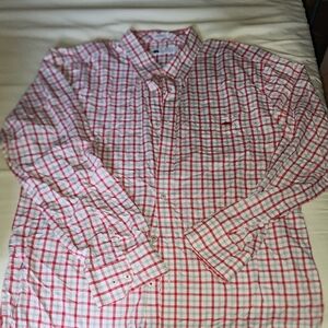 Men's Red and White Plaid Button-Down Shirt